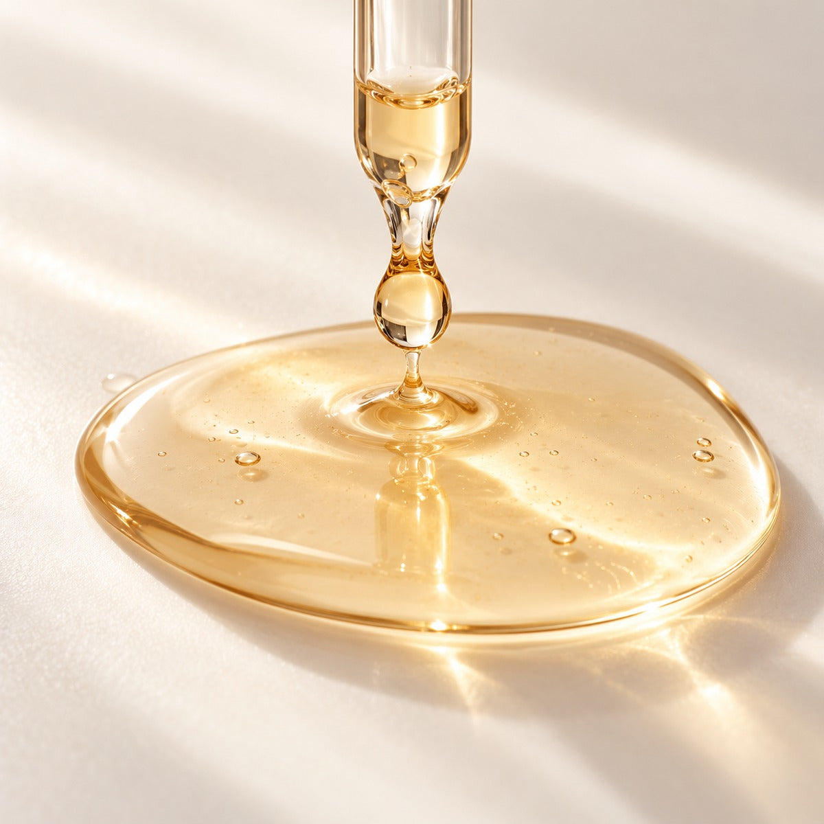 A glass pipette and pale amber serum, an illustrative skincare texture