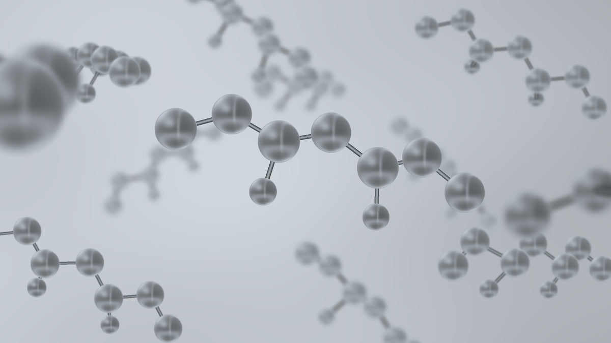 Original silver ball-and-bond peptide artwork in a liquid-inspired setting. Abstract illustration, not actual molecular structures or product efficacy evidence.