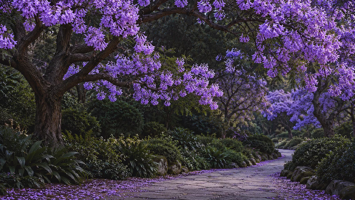 Original RCR jacaranda garden film, flowers moving gently in a breeze