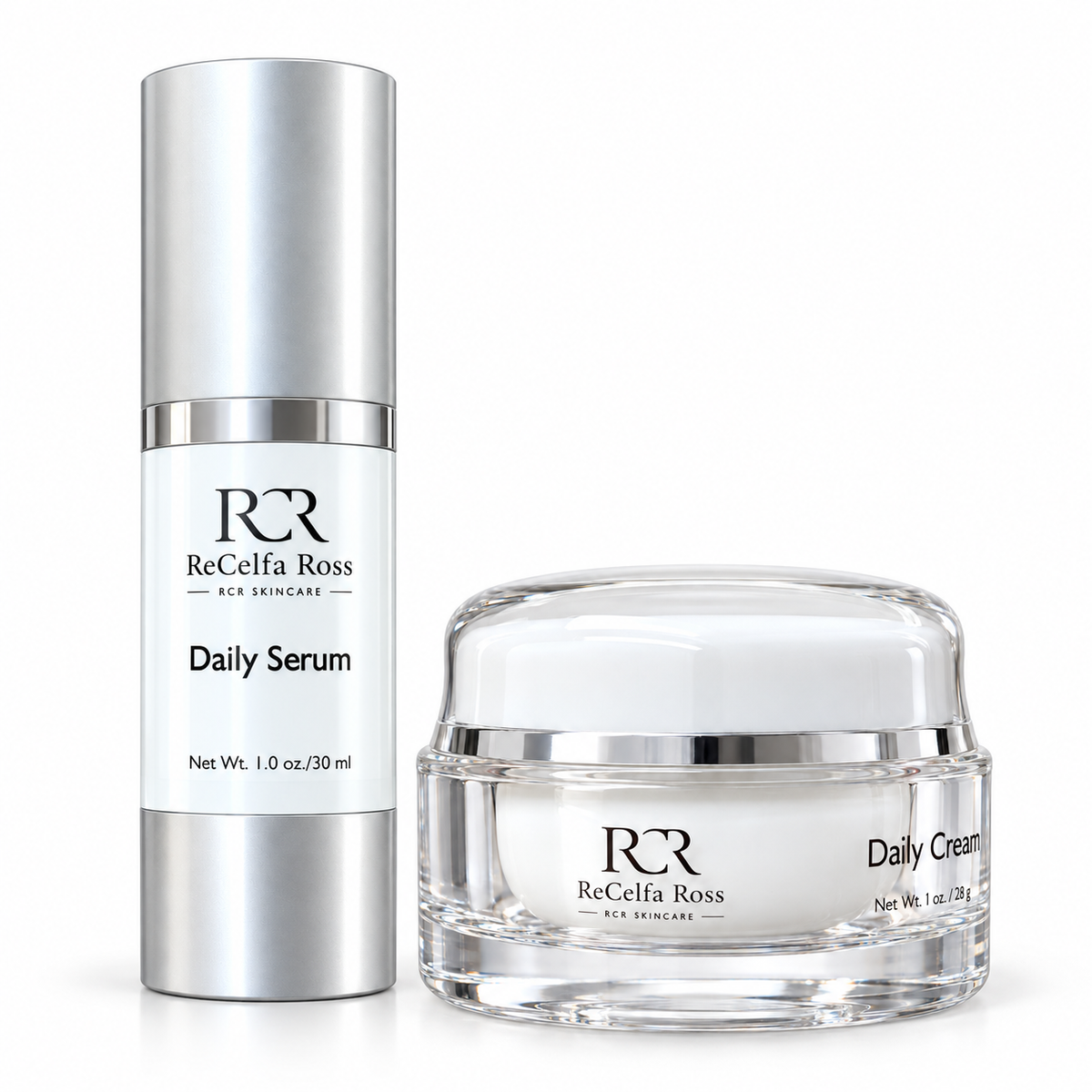 Daily Serum 30 mL and Daily Cream 28 g together on a white background. Edited studio visualization.