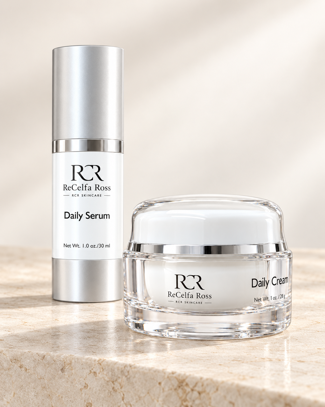 Daily Serum and Daily Cream on pale stone — original studio product visualization.