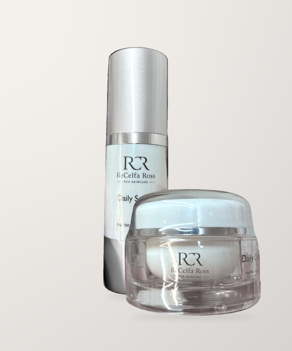 An original studio composition featuring the actual Daily Serum and Daily Cream.