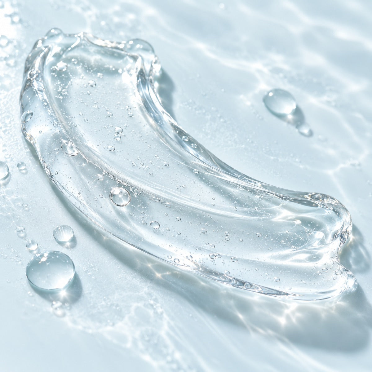 
Translucent hydration gel with water droplets, an illustrative skincare texture